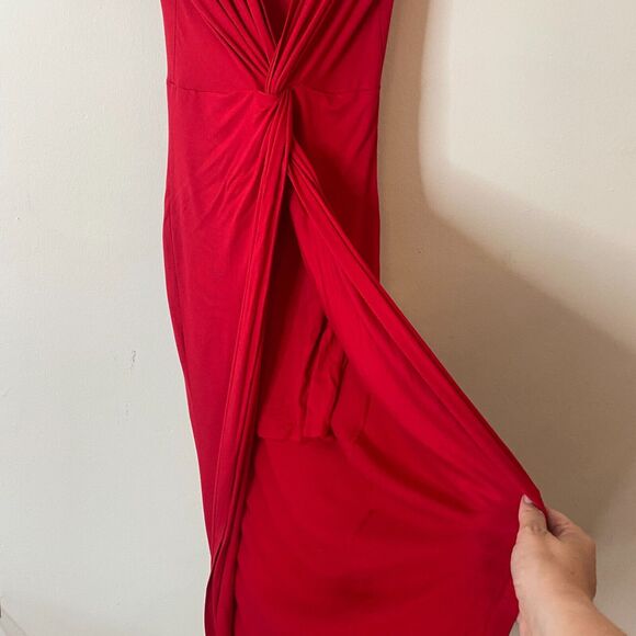Sabora Crimson Red Sexy Deep-V Twist Front Cap Sleeve Bodycon Maxi Dress Medium - Picture 7 of 10